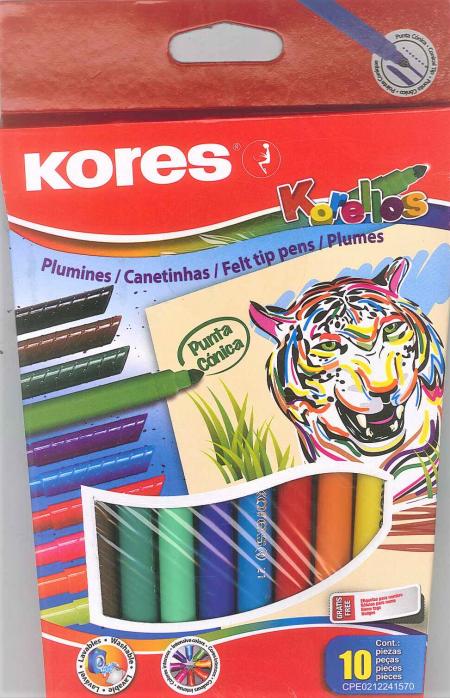Estuche de Marcadores Escolares (plumon) Korello Punta Conica (plumon) X 10 Colores Ref. Kop29041