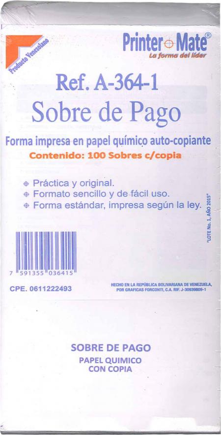 Paquete de Sobre de Pago de Nomina X 100 Unidades Ref. A364-1 - 2462