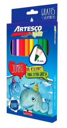 Caja de Creyones de Madera Artesco Jumbo Tiangular X 12 Colores + Sacapunta Ref. 16311002