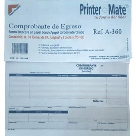 Paquete Talonario de Comprobante de Egreso Express Papel Bond con Papel Carbon Intercalado 25 Formas 3 Partes Ref. A-360-e