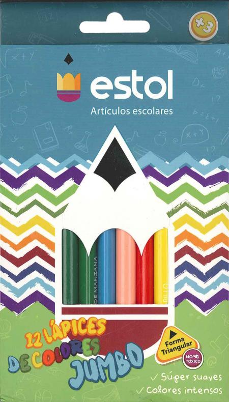 Caja de Creyones de Madera Estol Triangulares Jumbo Mina de 5mm X 12 Colores 