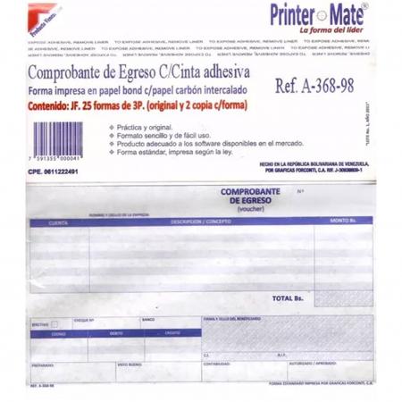 Paquete Talonario de Comprobante de Egreso Express Papel Bond con Papel Carbon Intercalado 25 Formas 3 Partes Ref. A-368-98